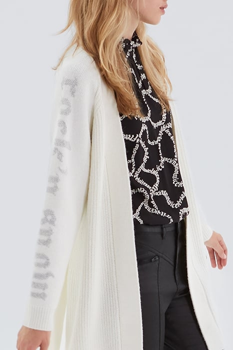 ECRU KNIT BELTED CARDIGAN WITH SLOGANS ON SLEEVES IVORY 6