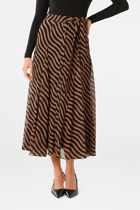 DONNA GODET MIDI SKIRT TAN WAVED STRIPE 1