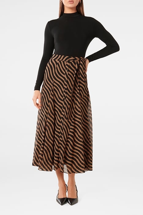 DONNA GODET MIDI SKIRT TAN WAVED STRIPE 3