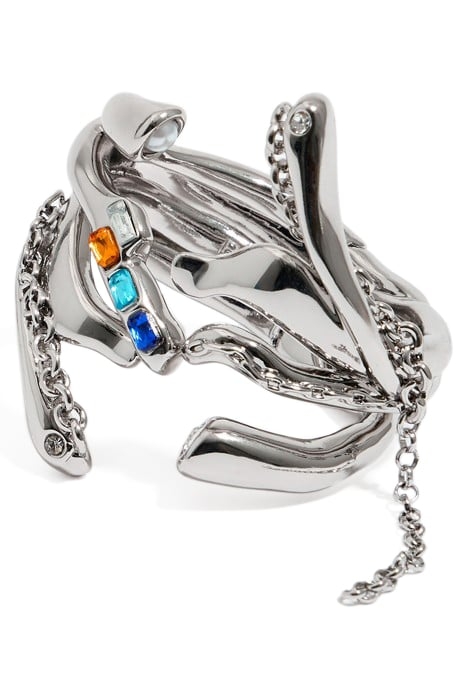 HINGED SILVER-TONE BRACELET WITH TEXTURE, CHAINS AND CRYSTAL 1