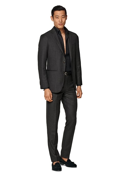 DARK GREY BIRD'S EYE SLIM LEG STRAIGHT SUIT TROUSERS 5