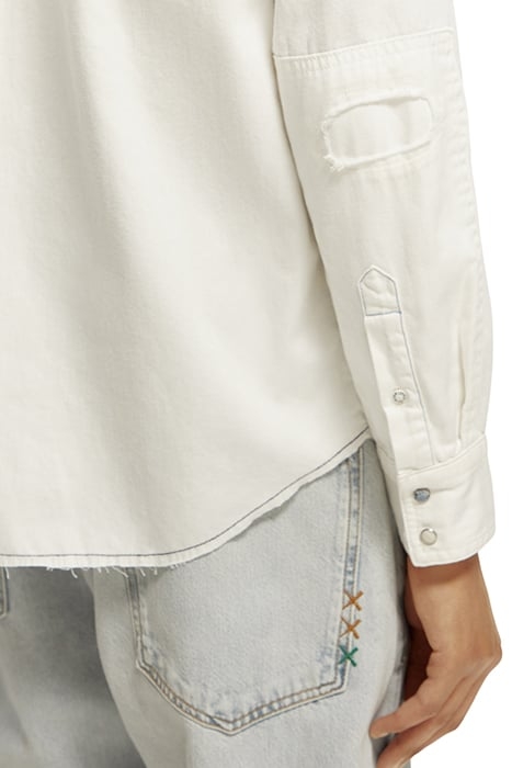 WASHED DENIM WESTERN SHIRT WITH DAMAGES IN SLIM FIT OFF WHIT 7