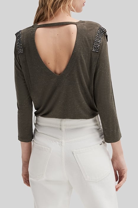 KHAKI V_NECK VISCOSE T_SHIRT WITH RHINESTONES 2