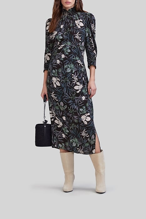 BLACK LENZING™ ECOVERO™ ORCHID PRINT MIDI DRESS 1