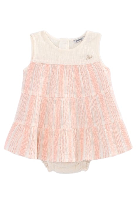 BABY GIRLS’ ECRU DRESS WITH PEACH WOVEN STRIPES & BLOOMERS 1