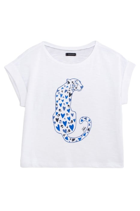 GIRLS' WHITE ORGANIC COTTON T-SHIRT, HEART LEOPARD IMAGE 1
