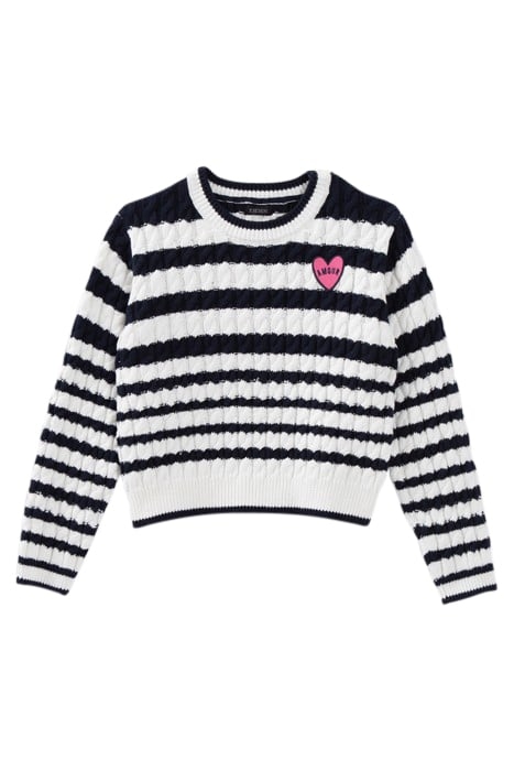GIRLS' ECRU CABLE KNIT SWEATER WITH NAVY STRIPES 1