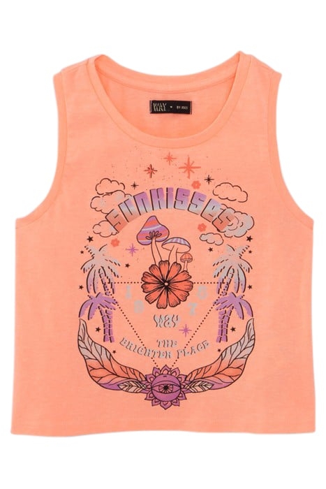 GIRLS’ NEON ORANGE VEST TOP, MUSHROOMS & PALM TREES IMAGES 1