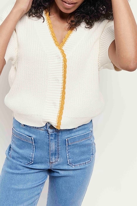 TESS - IVORY CARDIGAN WITH SHORT SLEEVES AND CAMEL TRIM 4