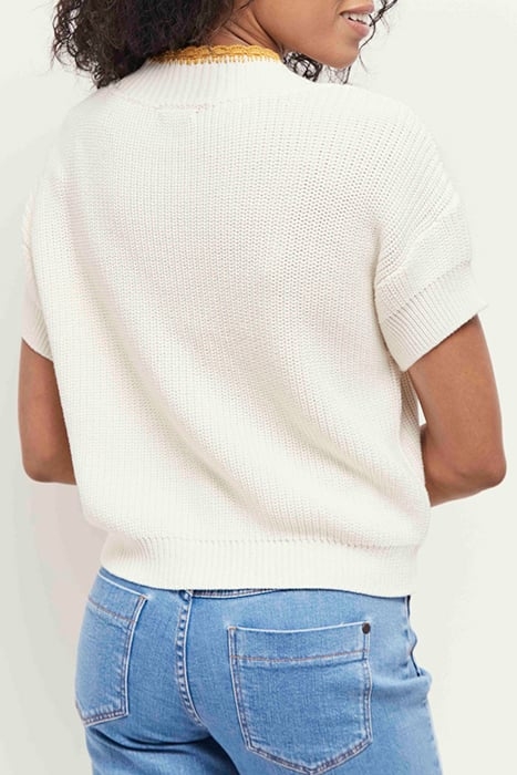 TESS - IVORY CARDIGAN WITH SHORT SLEEVES AND CAMEL TRIM 2