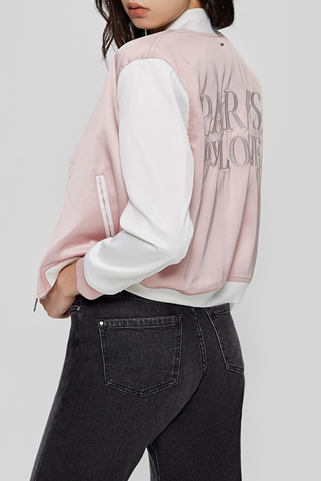 PINK/WHITE VARSITY JACKET, BADGES AND EMBROIDERY 2