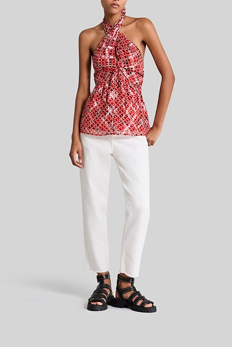 POPPY RED BACKLESS TOP WITH CHECK PRINT 3