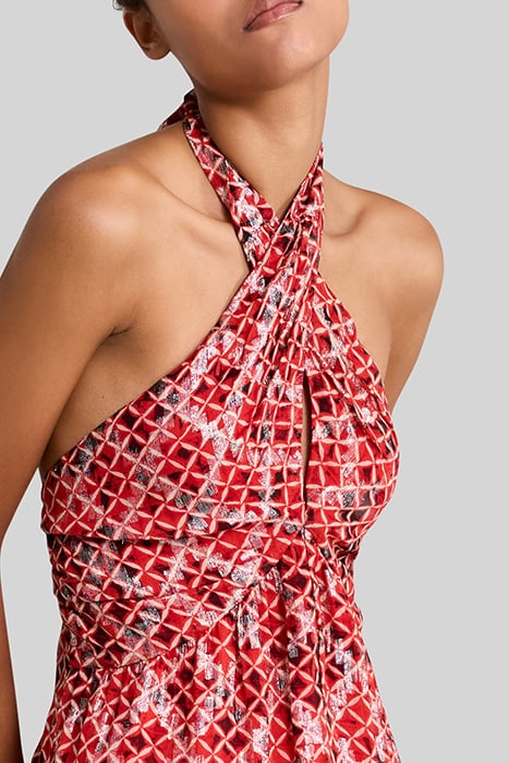 POPPY RED BACKLESS TOP WITH CHECK PRINT 4