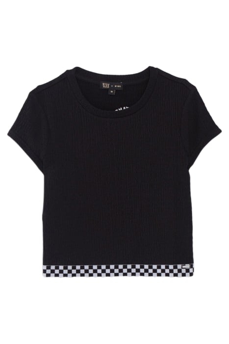GIRLS' BLACK CHECKERBOARD ELASTICATED CROPPED T-SHIRT 1
