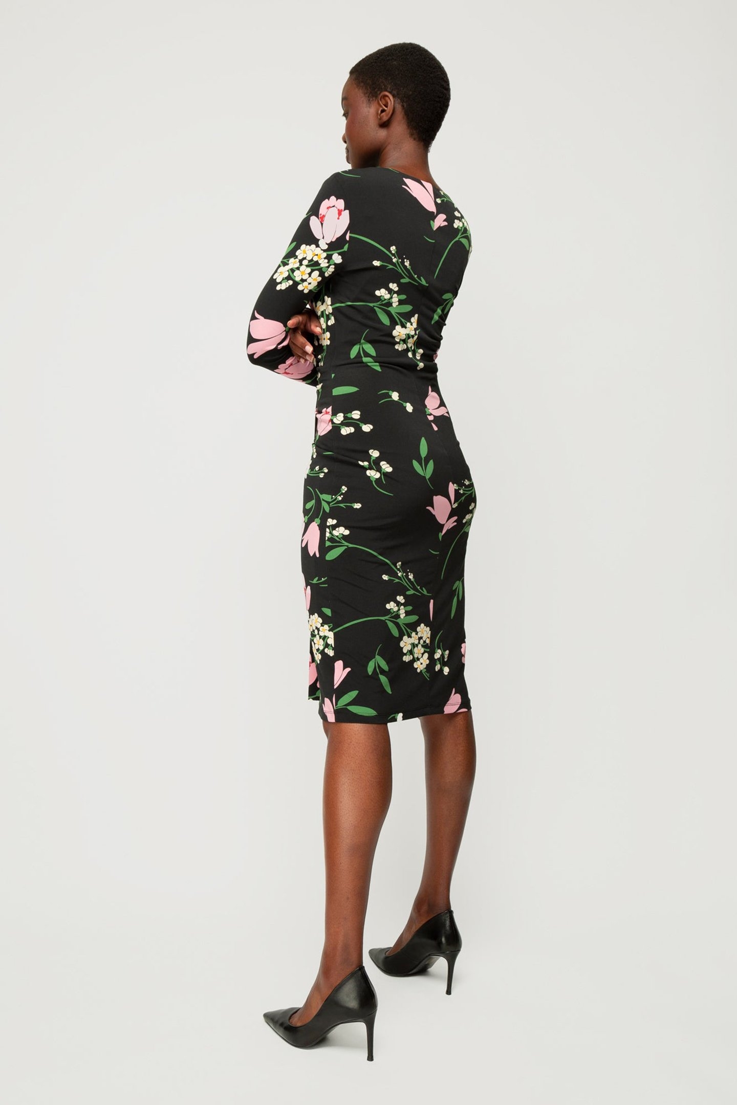 DRESS FLORAL CREPE DRAPE BLACK/CHATEAU ROSE/GREEN 2