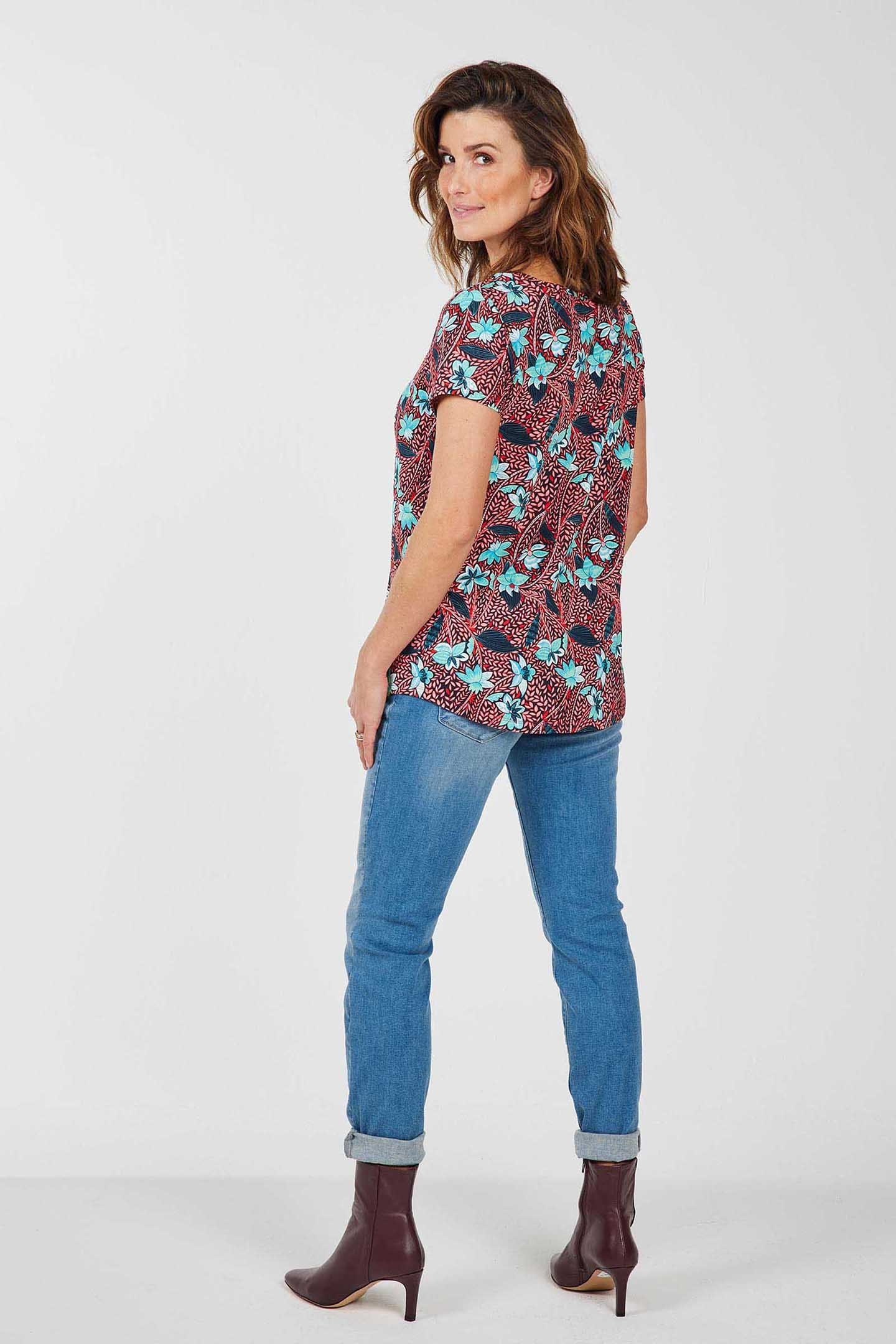 LOOSE TEE CREW SWEET PRINT POPPY RED WITH LOTS OF LEAVES PRI 3