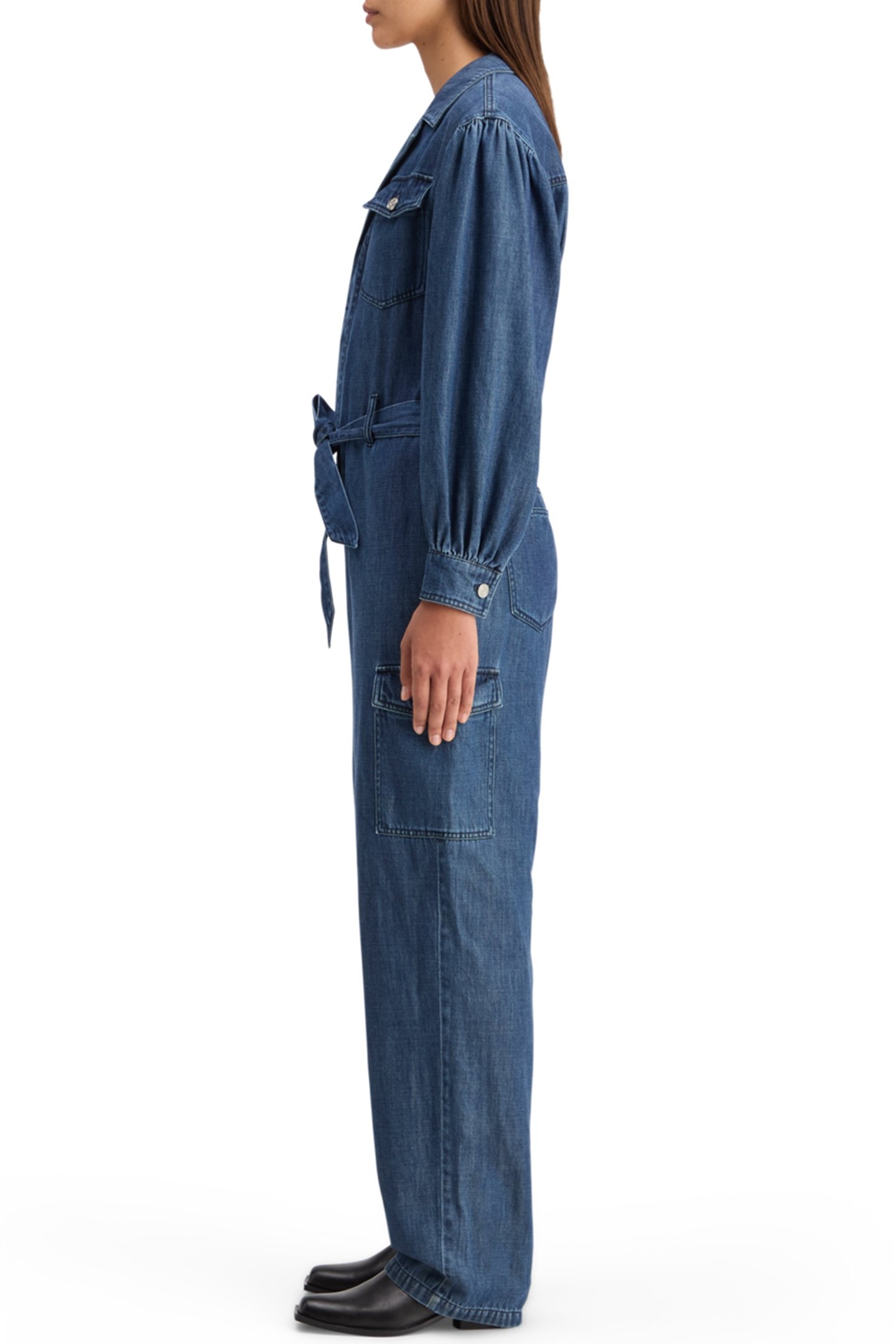 LIGHTWEIGHT DENIM JUMPSUIT IN DARK WASH WITH TONAL DETAILING 6
