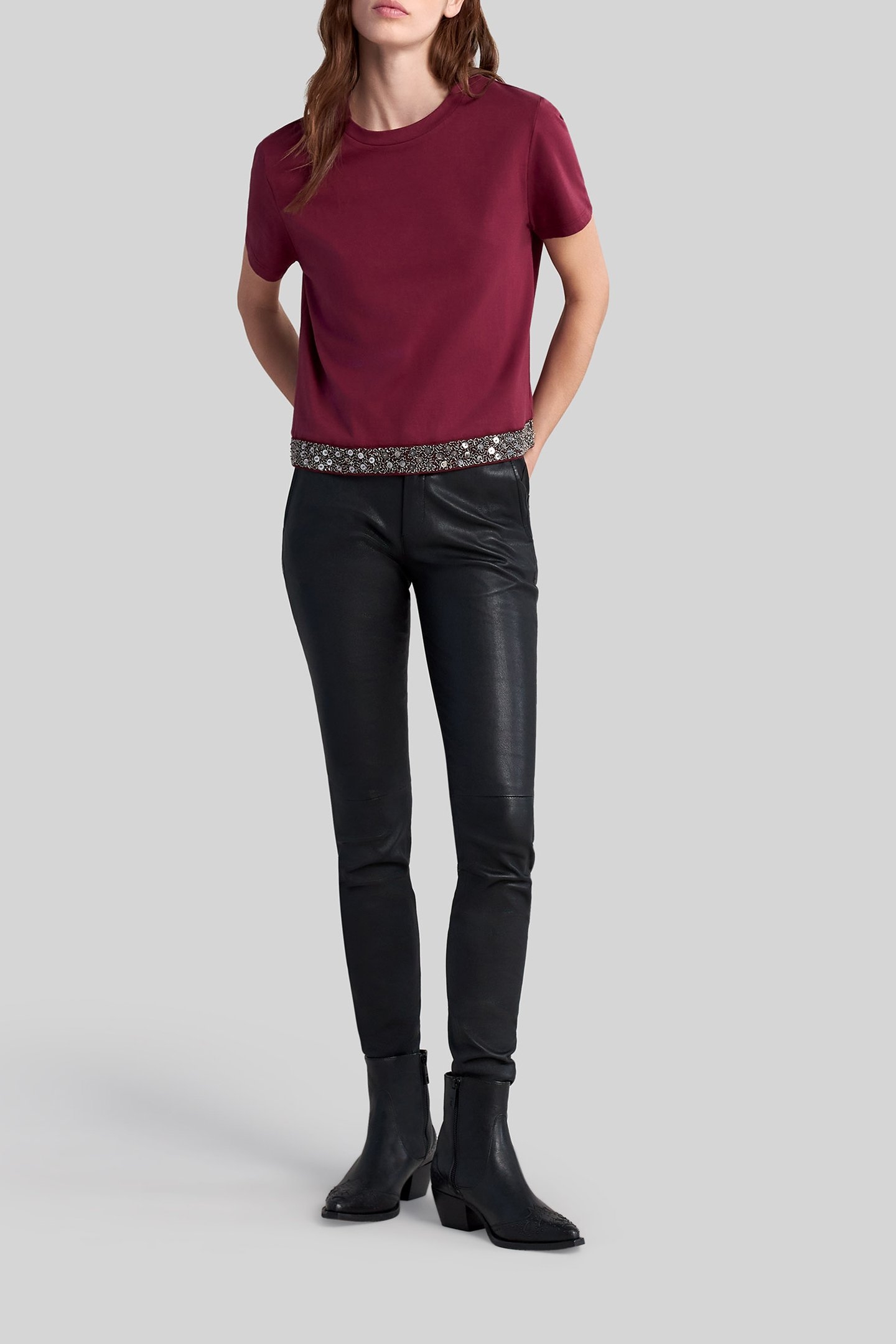 BURGUNDY ORGANIC COTTON BEAD EMBROIDERY T-SHIRT 3