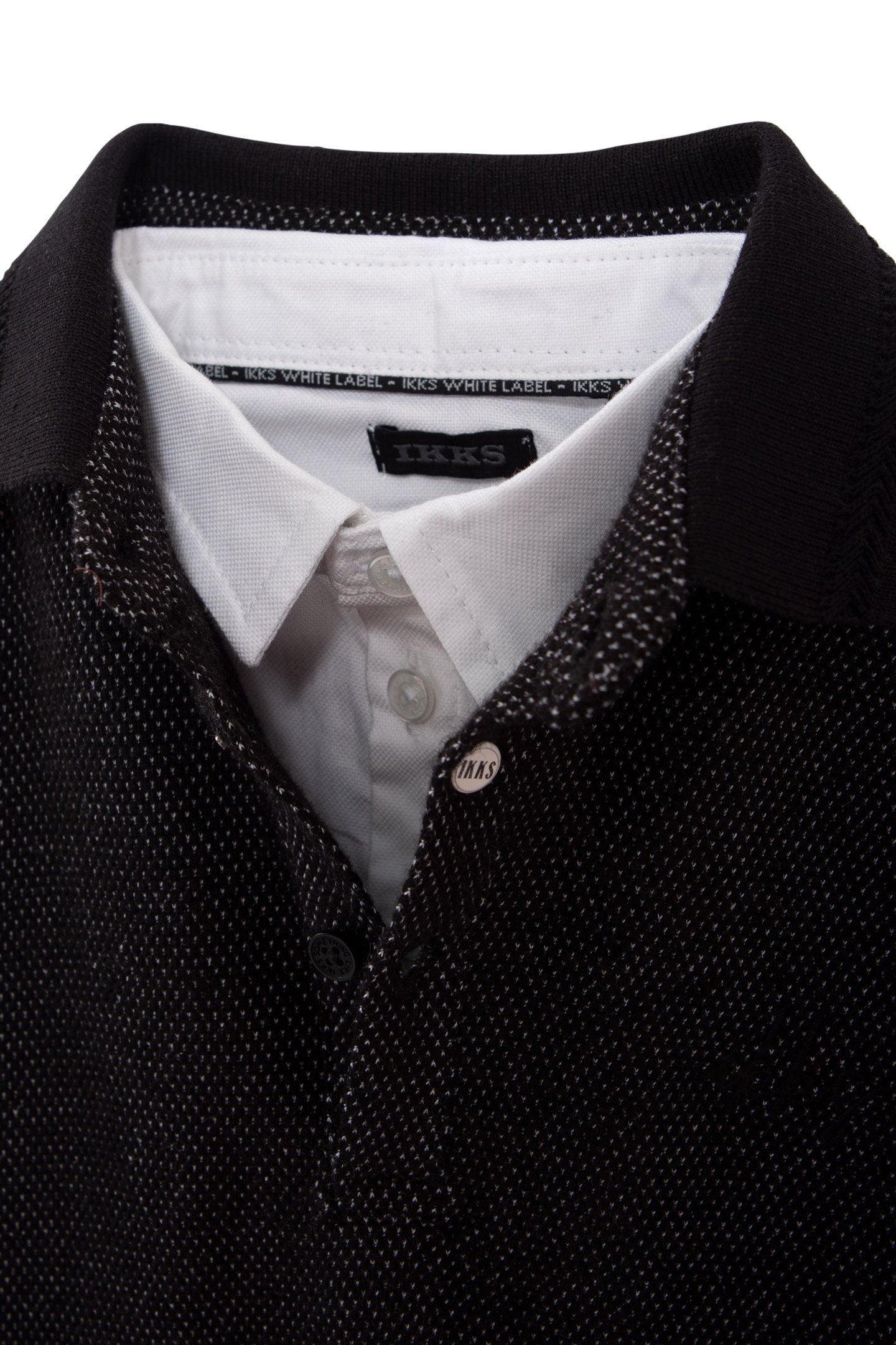 BOYS’ BLACK POLO SHIRT, WHITE TROMPE-L’OEIL SHIRT COLLAR 4