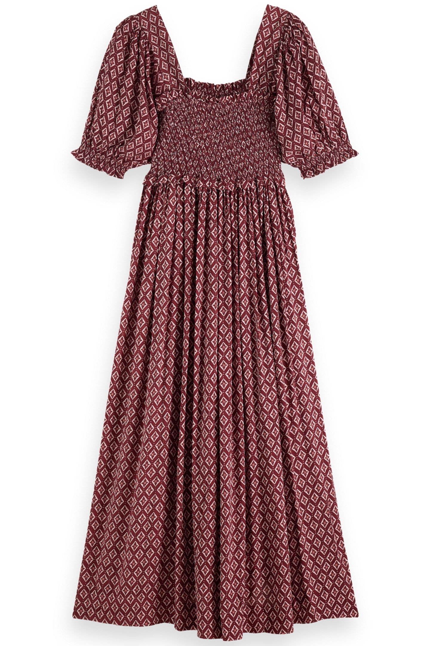 MAXI DRESS WITH SMOCK GEO FLOWER BORDEAUX 4