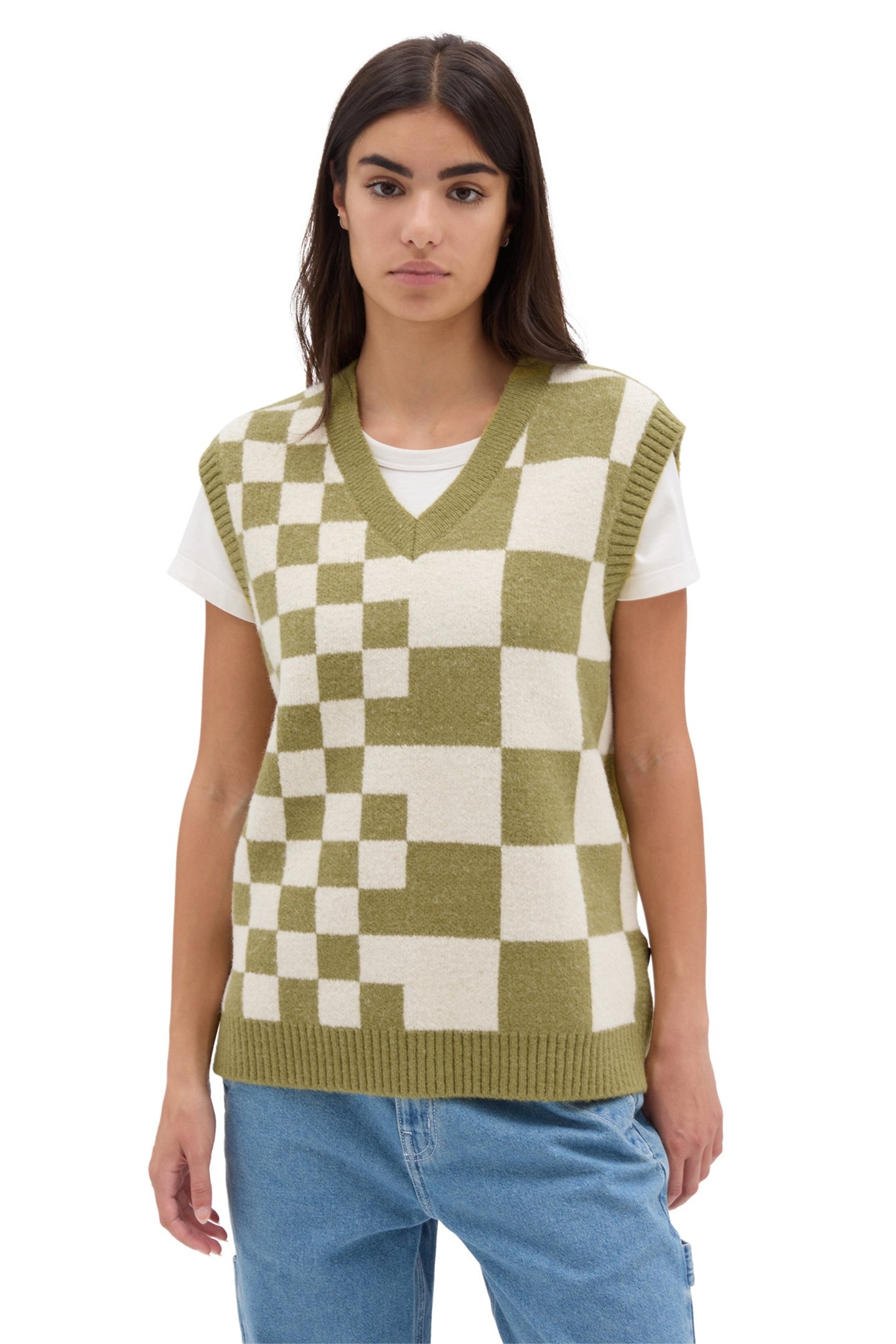 COURTYARD CHECKER SWEATER VEST GREEN OLIVE 1
