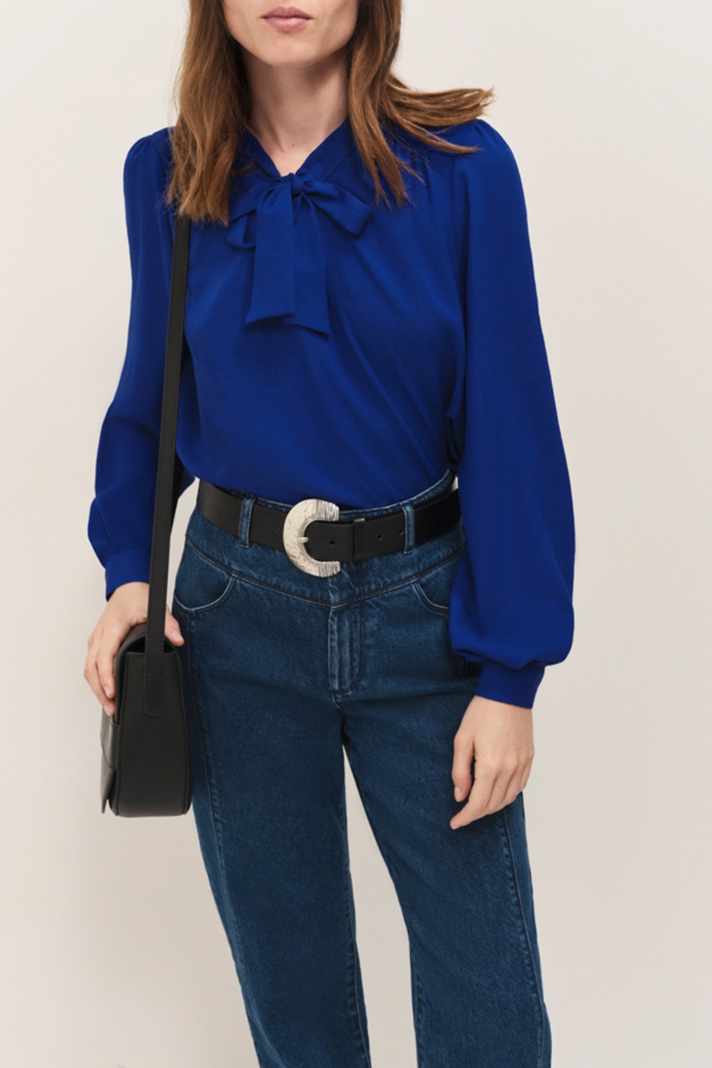CYRILLE - SAPPHIRE BLUE FLOWING BLOUSE WITH LAVALLIÈRE COLLA 1