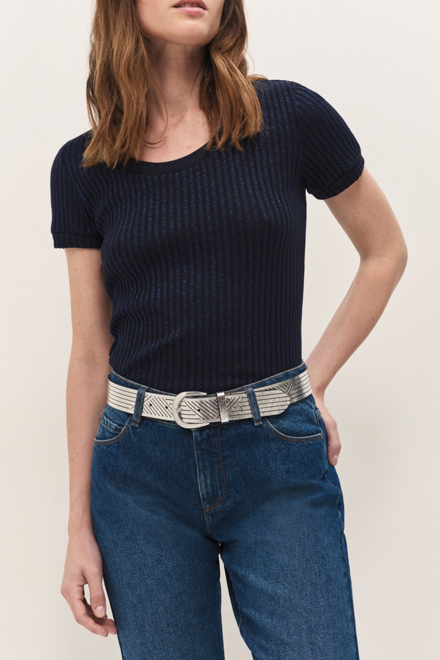 MILESI - NAVY RIBBED LUREX MESH T-SHIRT, SHORT SLEEVES 1