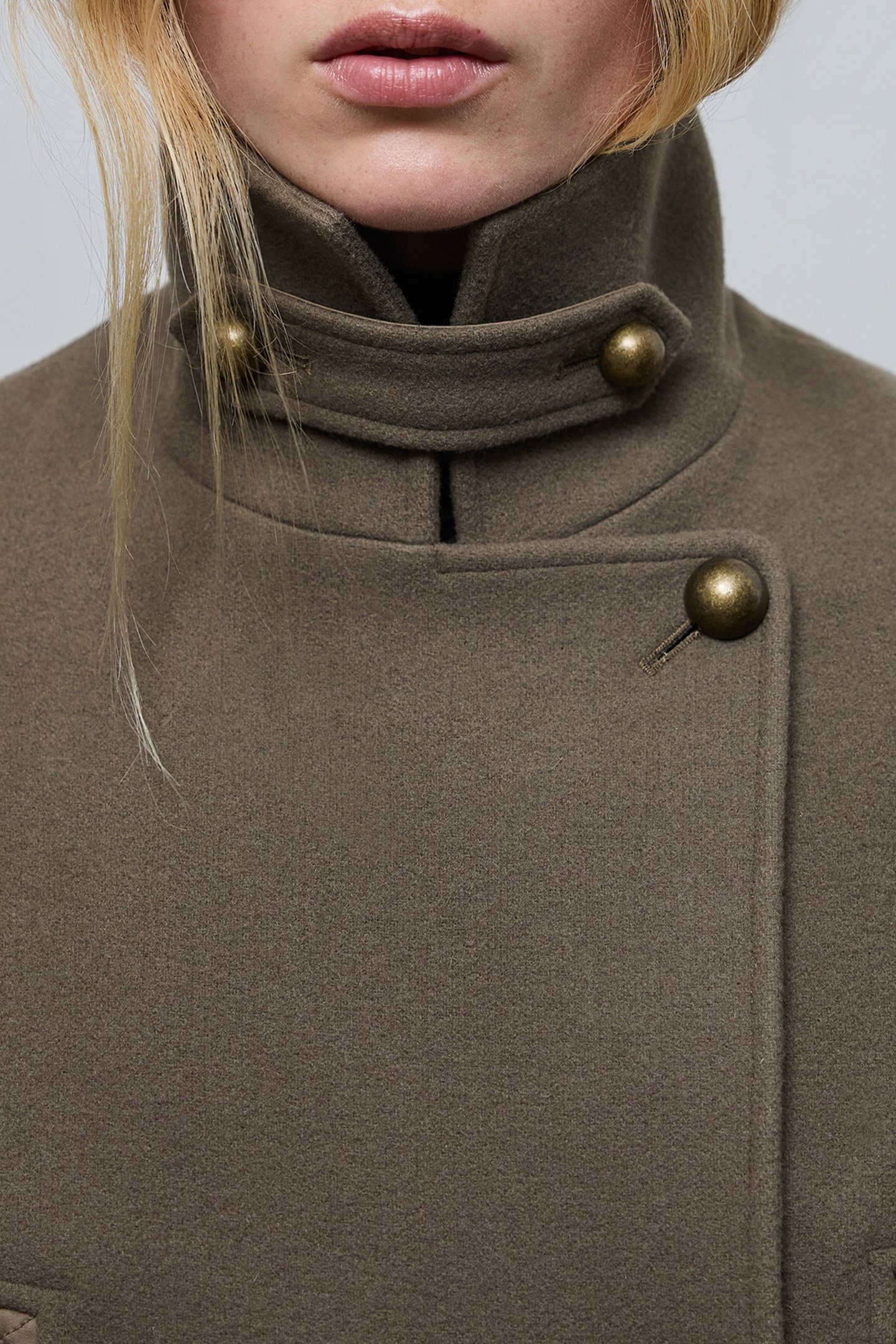 LONG KHAKI PEA COAT WITH STITCHED NYLON DETAILS 6
