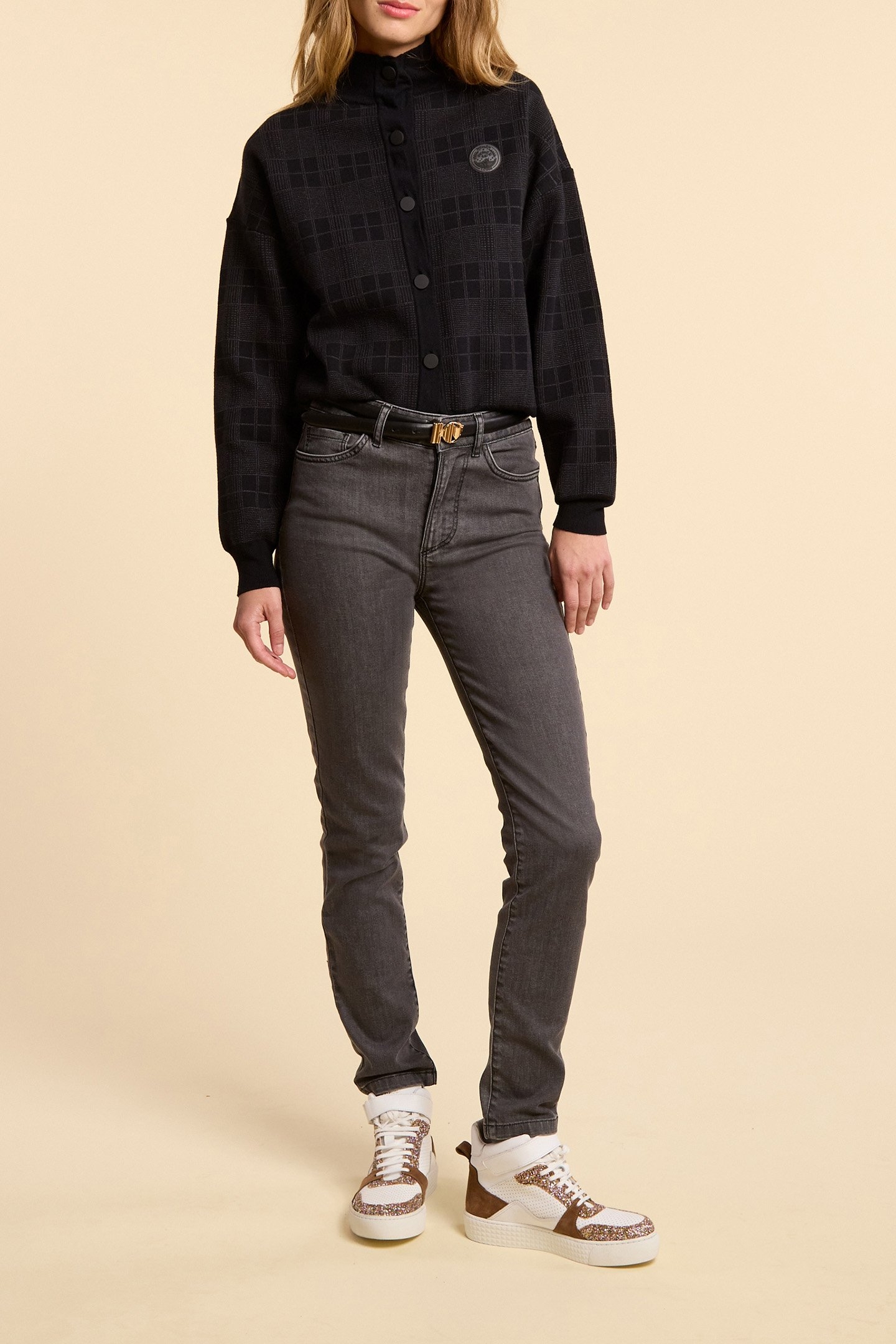 BLACK KNIT CARDIGAN WITH CHECK JACQUARD MOTIF 3