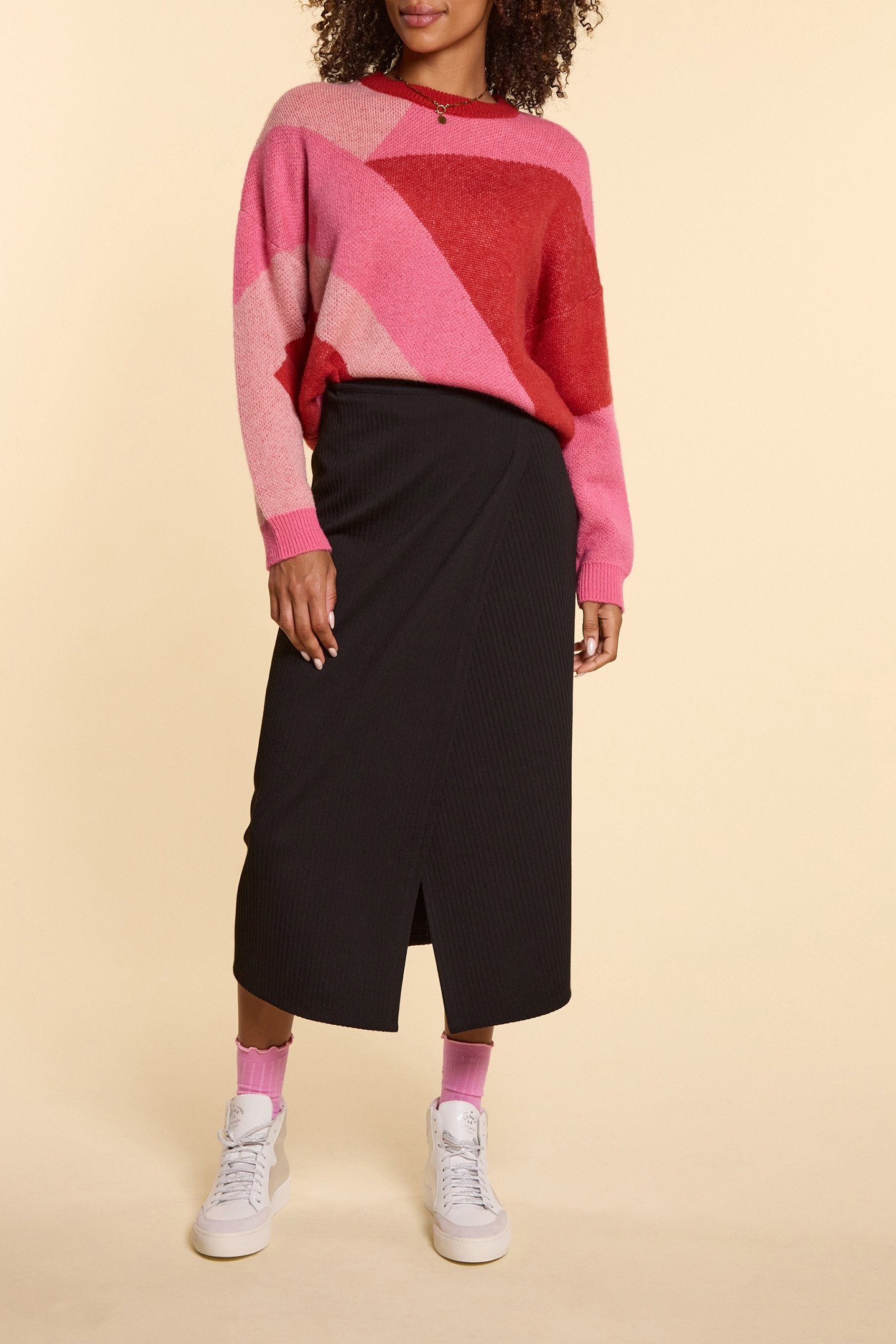 RED JACQUARD SWEATER WITH COLOR BLOCK PATTERN 1