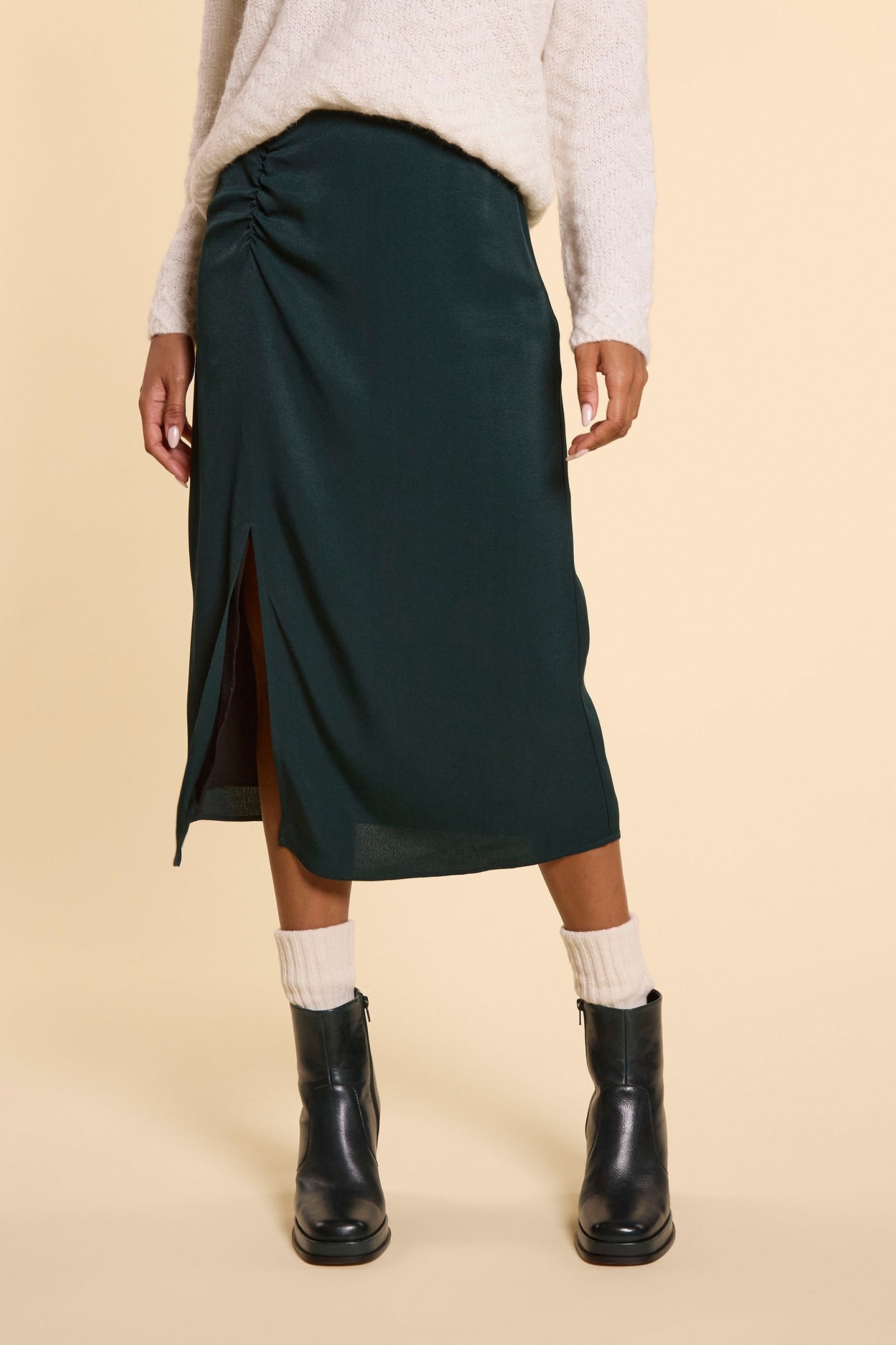 MIDNIGHT GREEN MIDI SKIRT SIDE SLIT 1