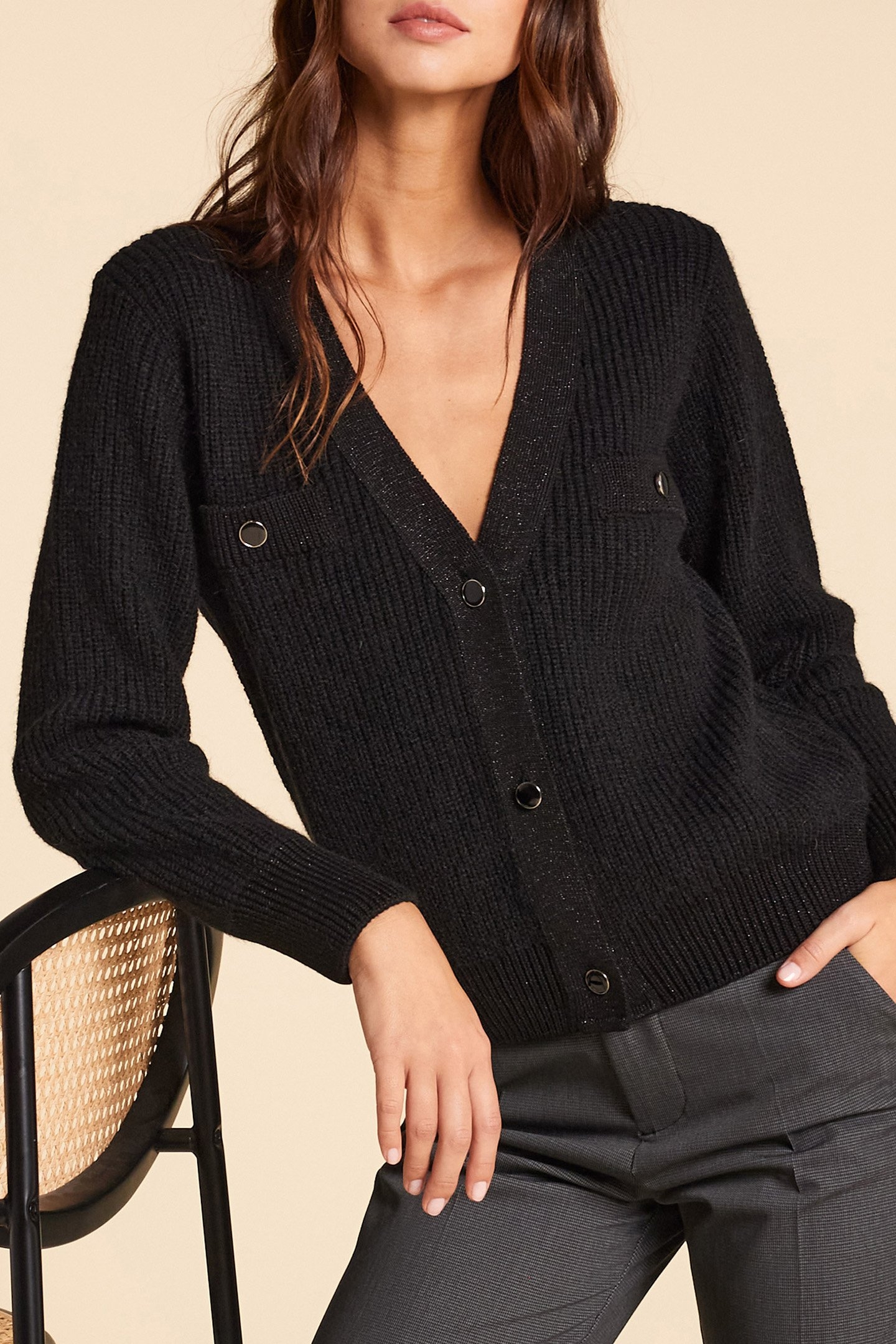 BLACK CARDIGAN KNIT FALSE CHEST POCKETS 1