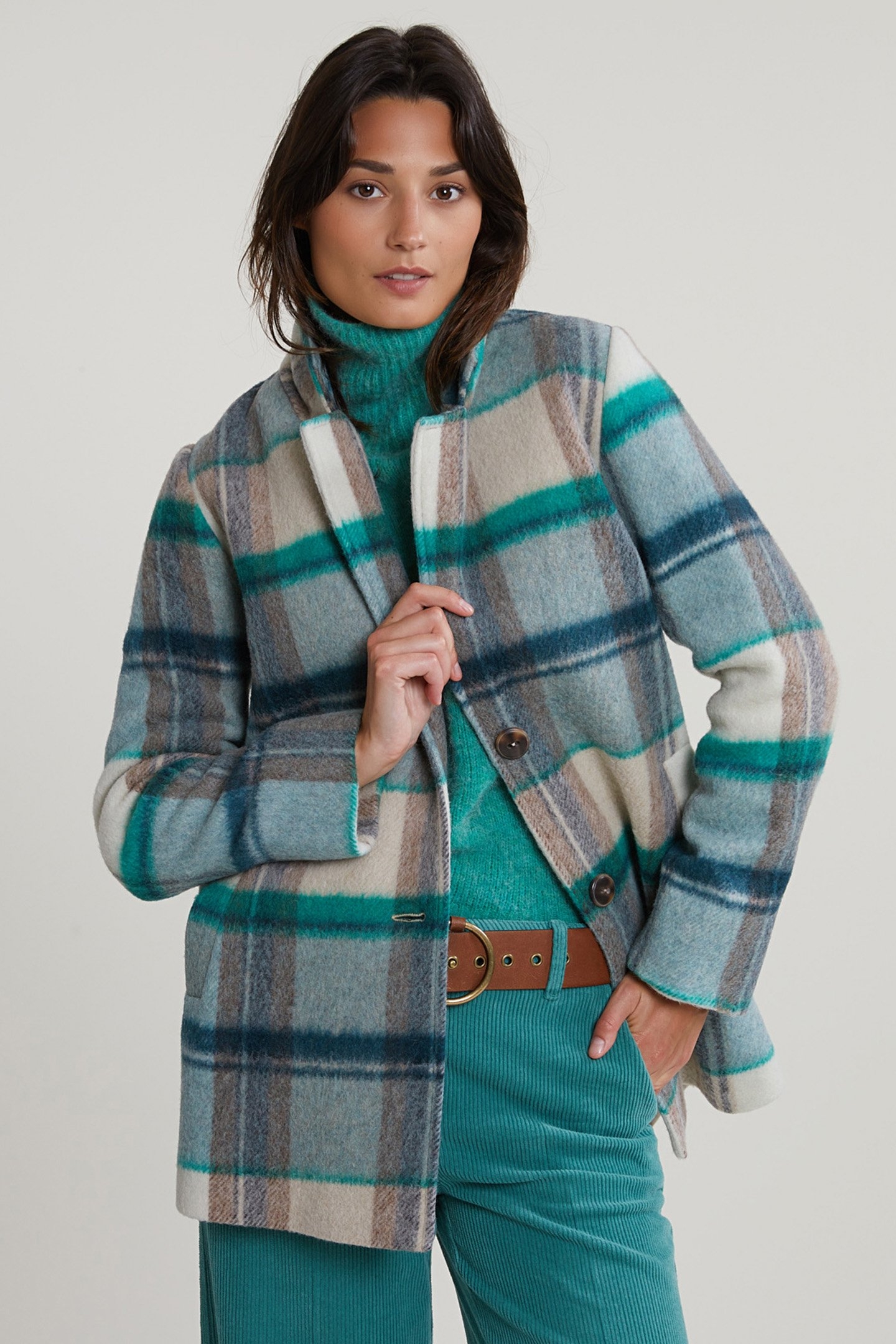 GREEN/BEIGE CHECKED BUTTTONED COAT 1