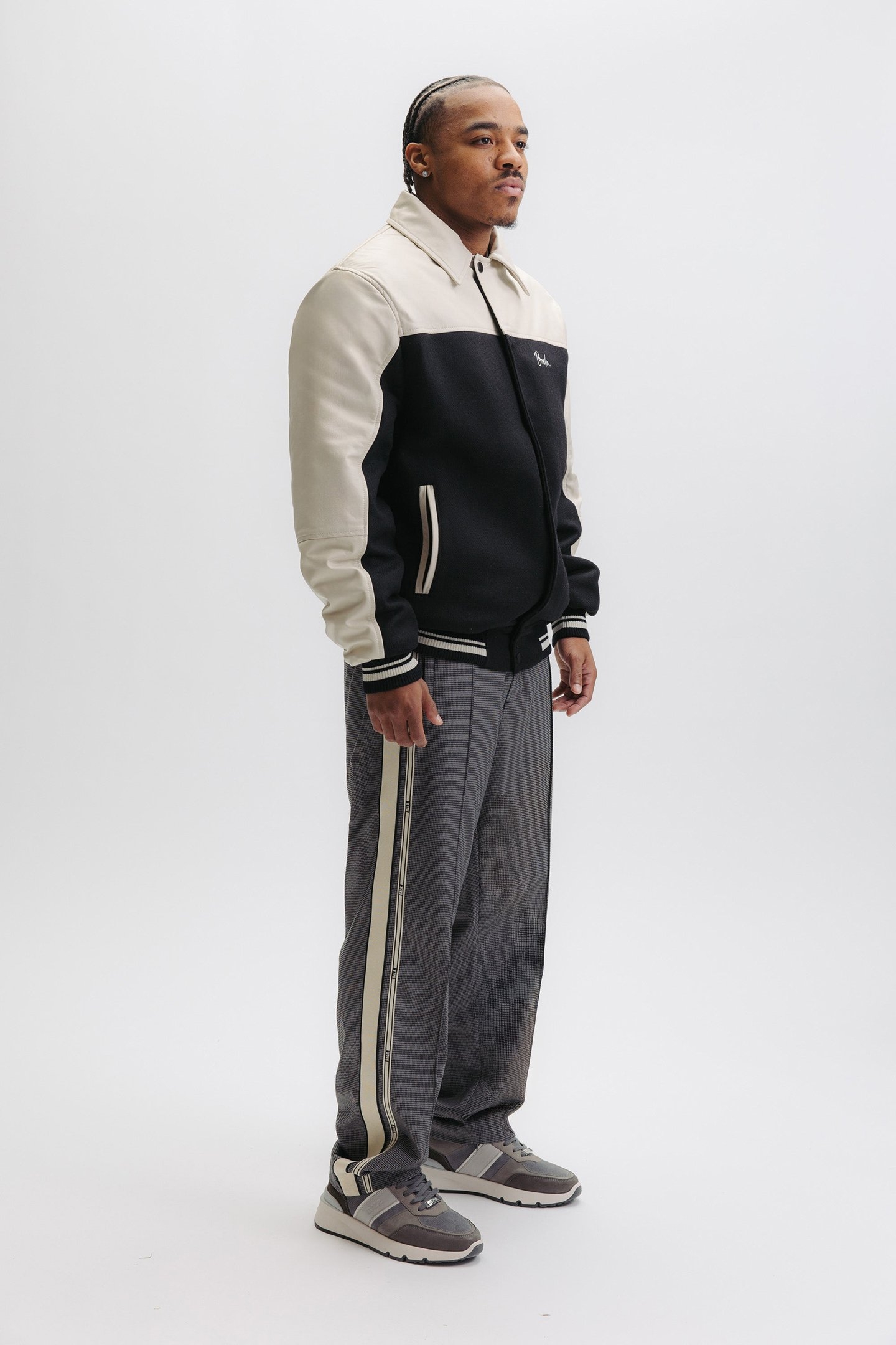 PHIL LEATHER BOMBER JACKET EGRET/JET BLACK 5