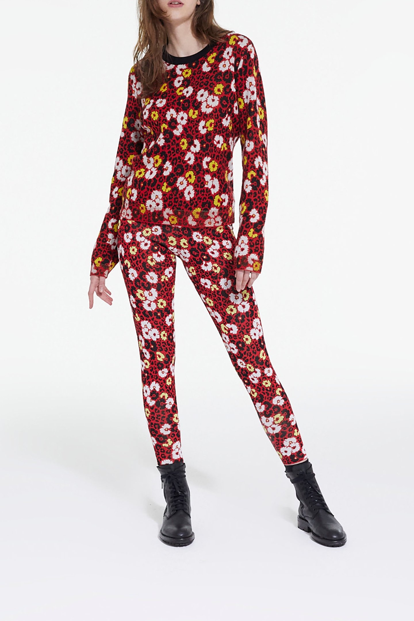 ROUND NECK SWEATER IN FLORAL JACQUARD DARK RED 3