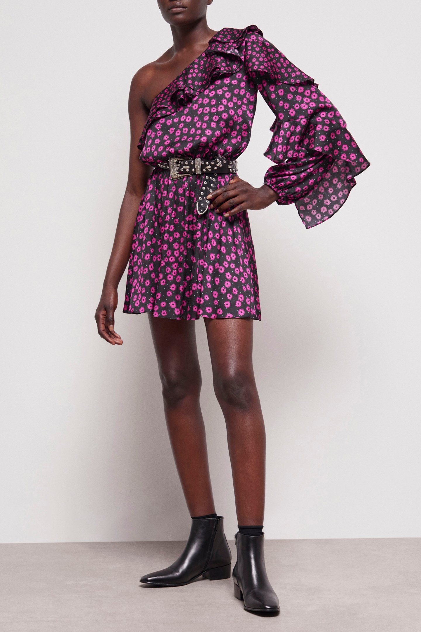 ONE SHOULDER SHORT DRESS PRINT DAISY DOTS PINK 4