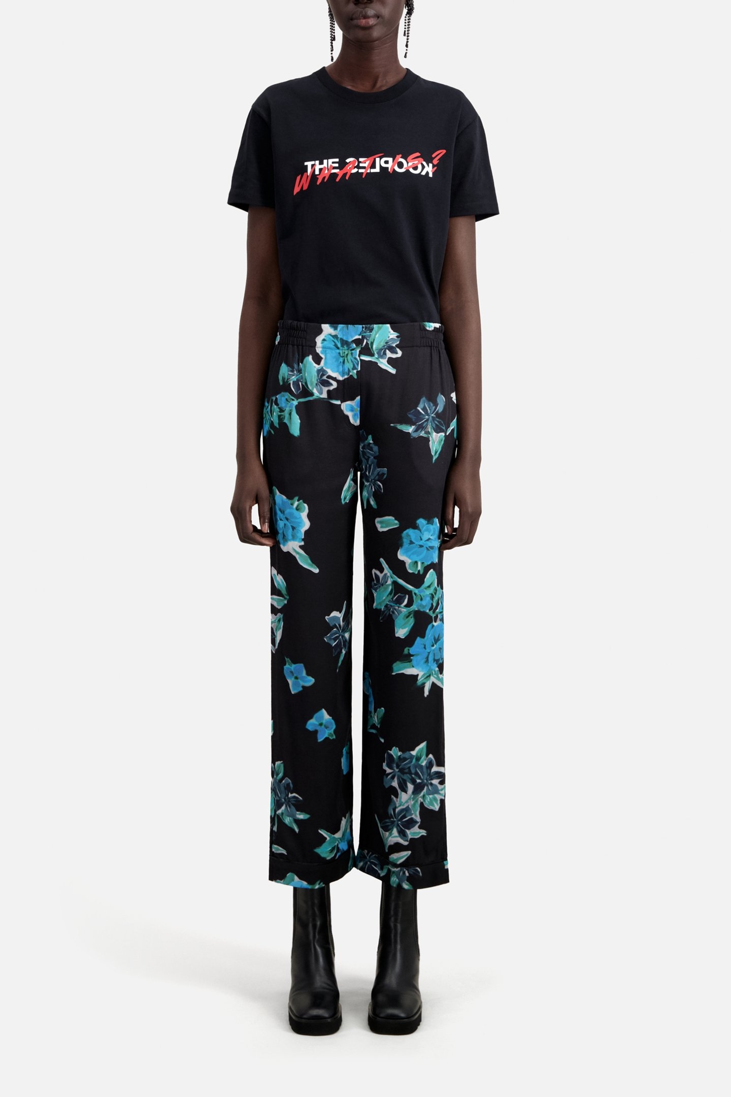 ELASTIC WAIST PAJAMA-STYLE PANTS BLACK BLUE 2