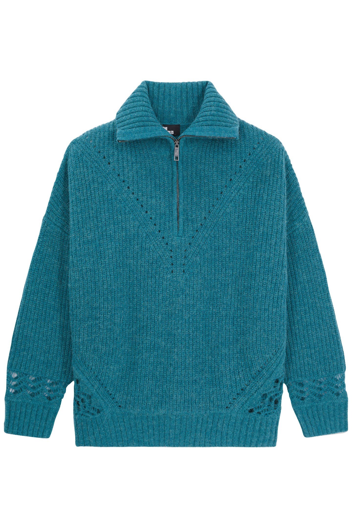 TURTLENECK SWEATER IN PEARL AND POINTELLE RIB BLUE PETROL 1