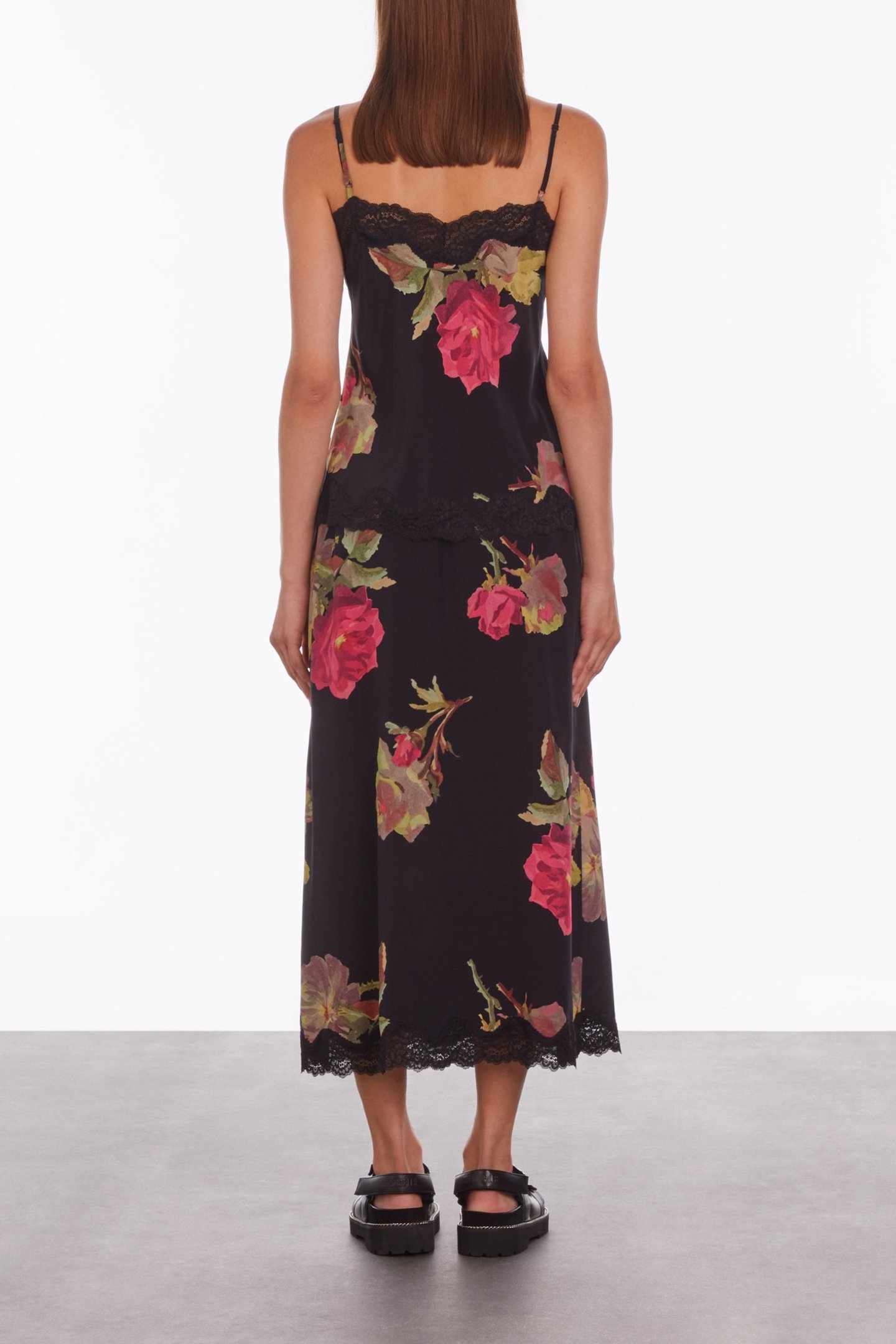 CAMISOLE WITH LACE NECKLINE AND BOTTOM PINK BLACK 2