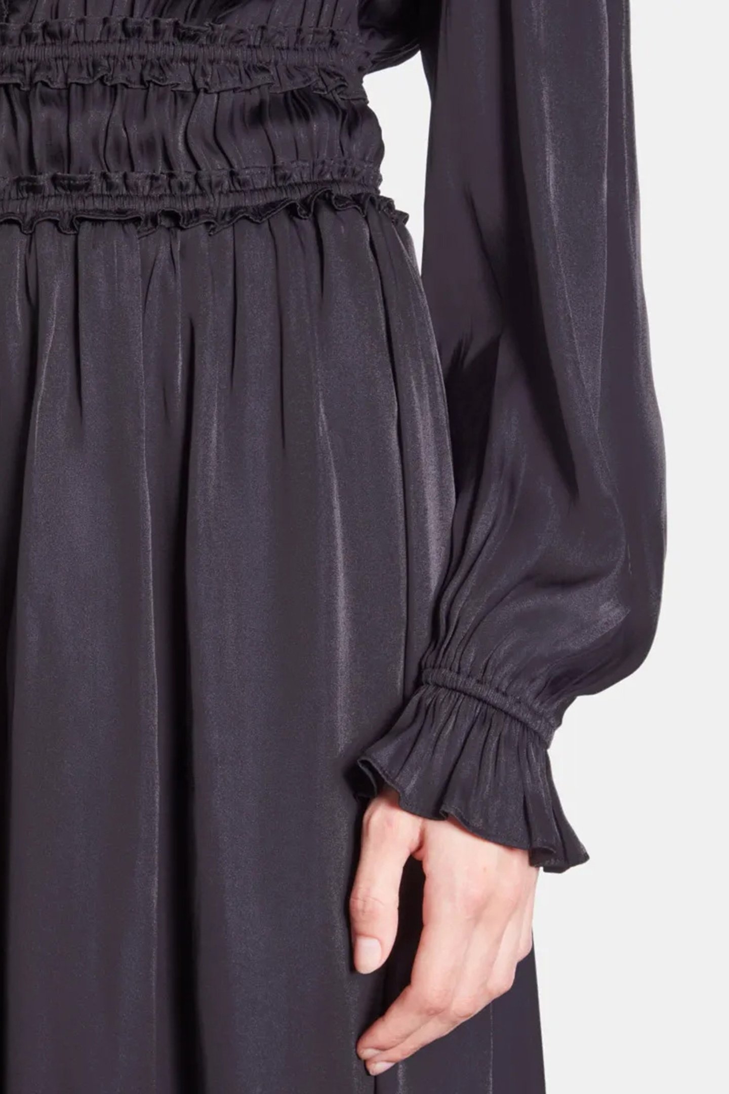 LONG V-NECK DRESS WITH FRILLS BLACK 5