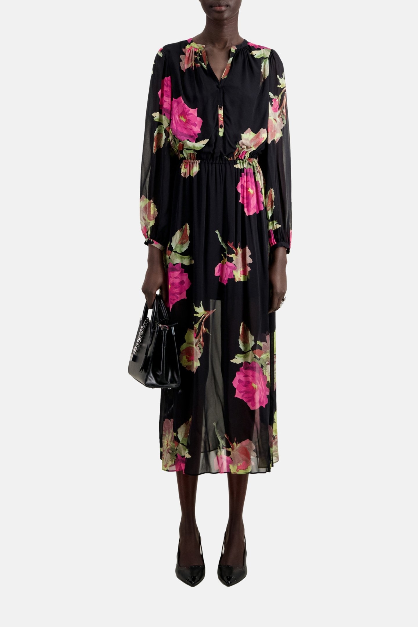 LONG PRINTED DRESS PINK BLACK 1