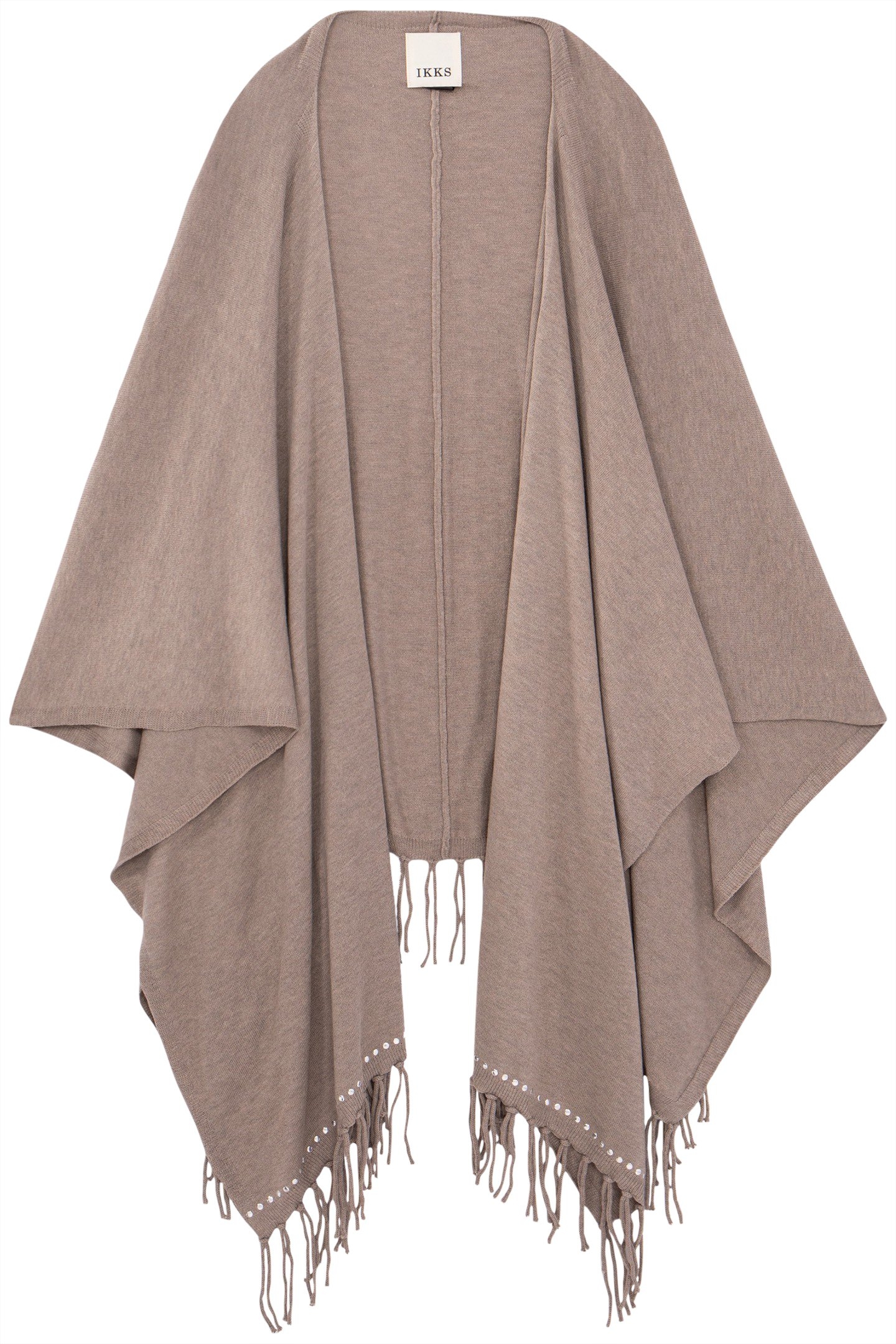 BEIGE KNITTED PONCHO WITH FRINGED EDGES 1