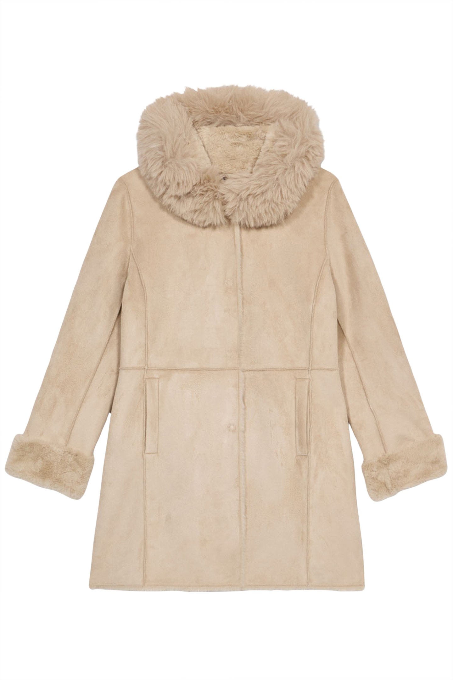 MIDI LENGTH FAUX SHEEPSKIN JACKET BEIGE 3