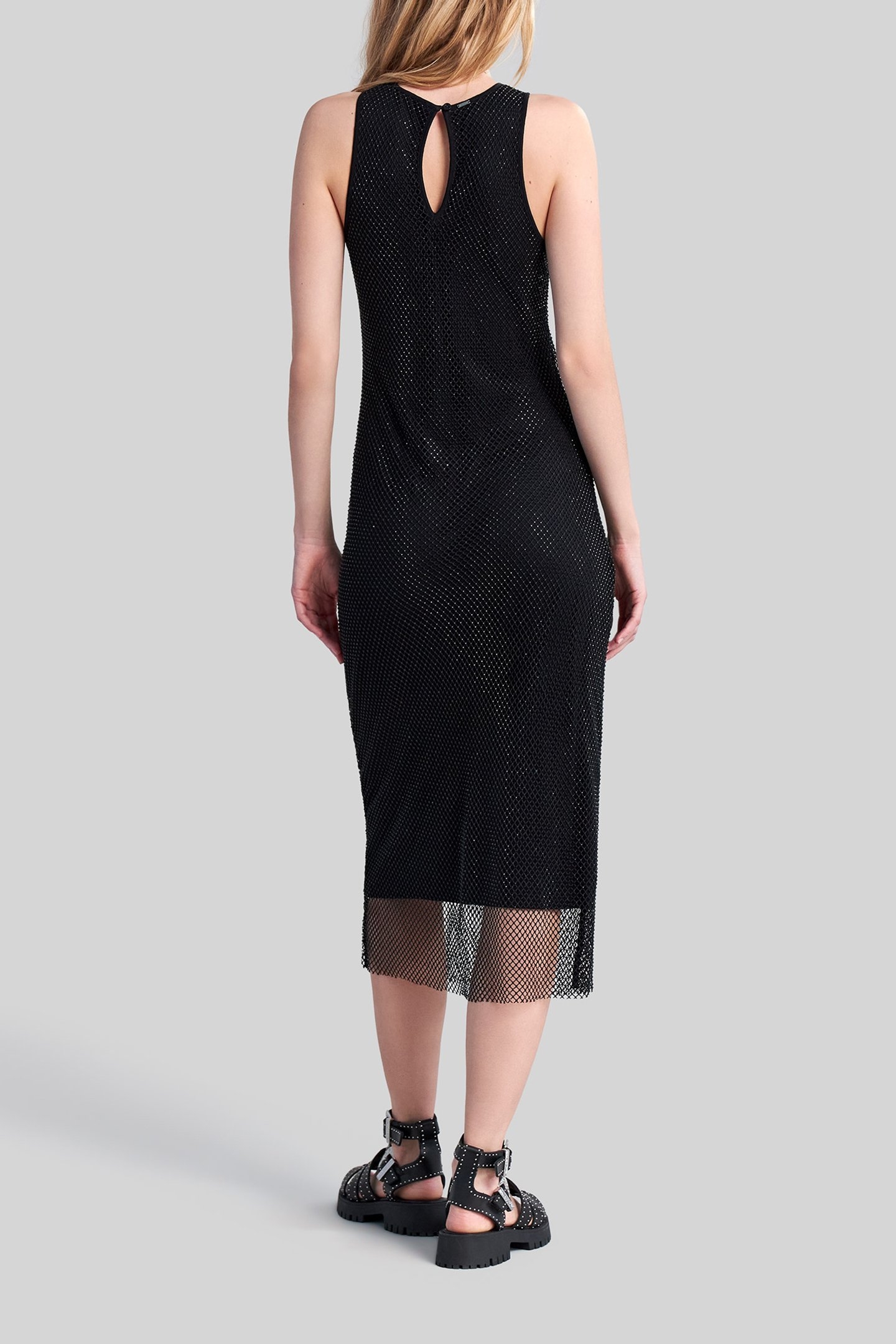 BLACK VOILE LINED MIDI DRESS WITH DIAMANTÉ MESH BLACK 2