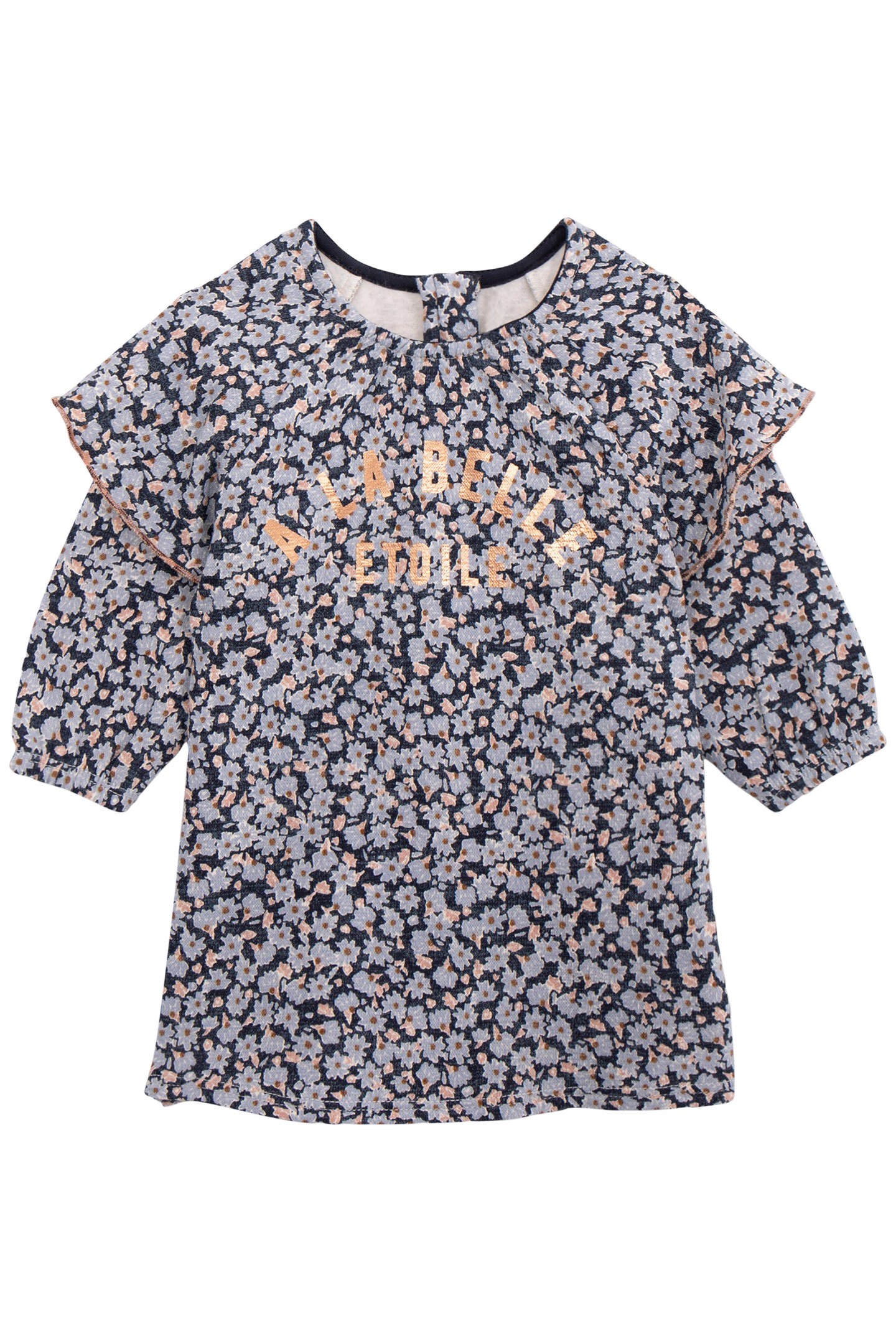 BABY GIRL'S BLUE ORGANIC COTTON DRESS WITH LAVENDER PRINT 1