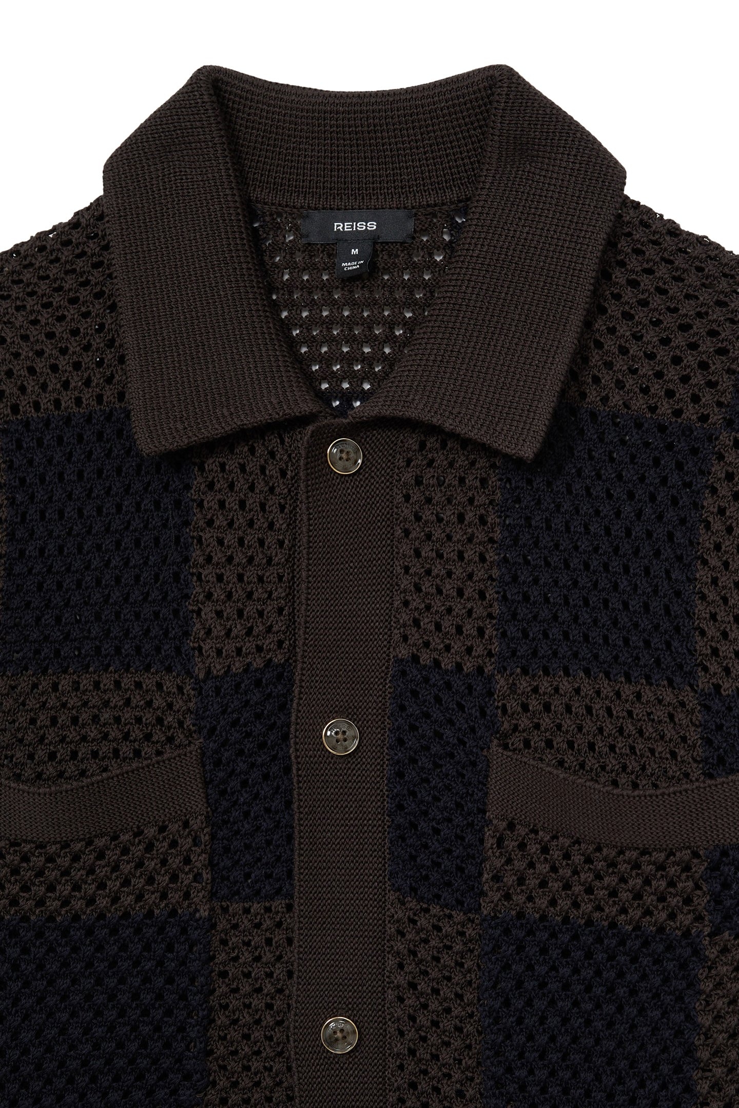 SS BUTTON THROUGH CHECKERBOARD CROCHET SHIRT CHOCOLATE/NAVY 6