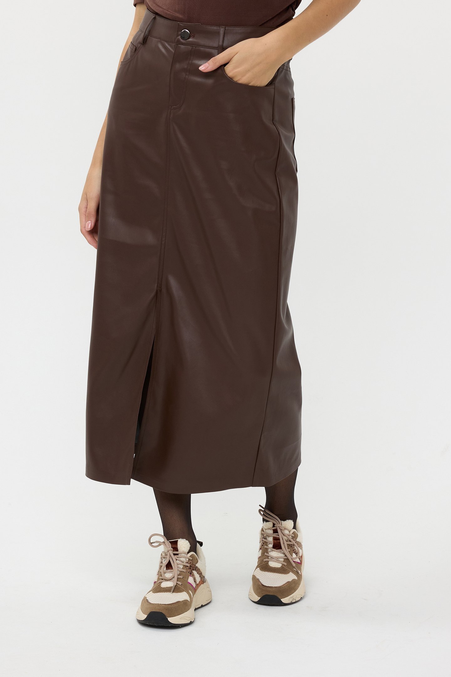 SKIRT LONG SPLIT VEGAN LEATHER CHOCOLATE 1