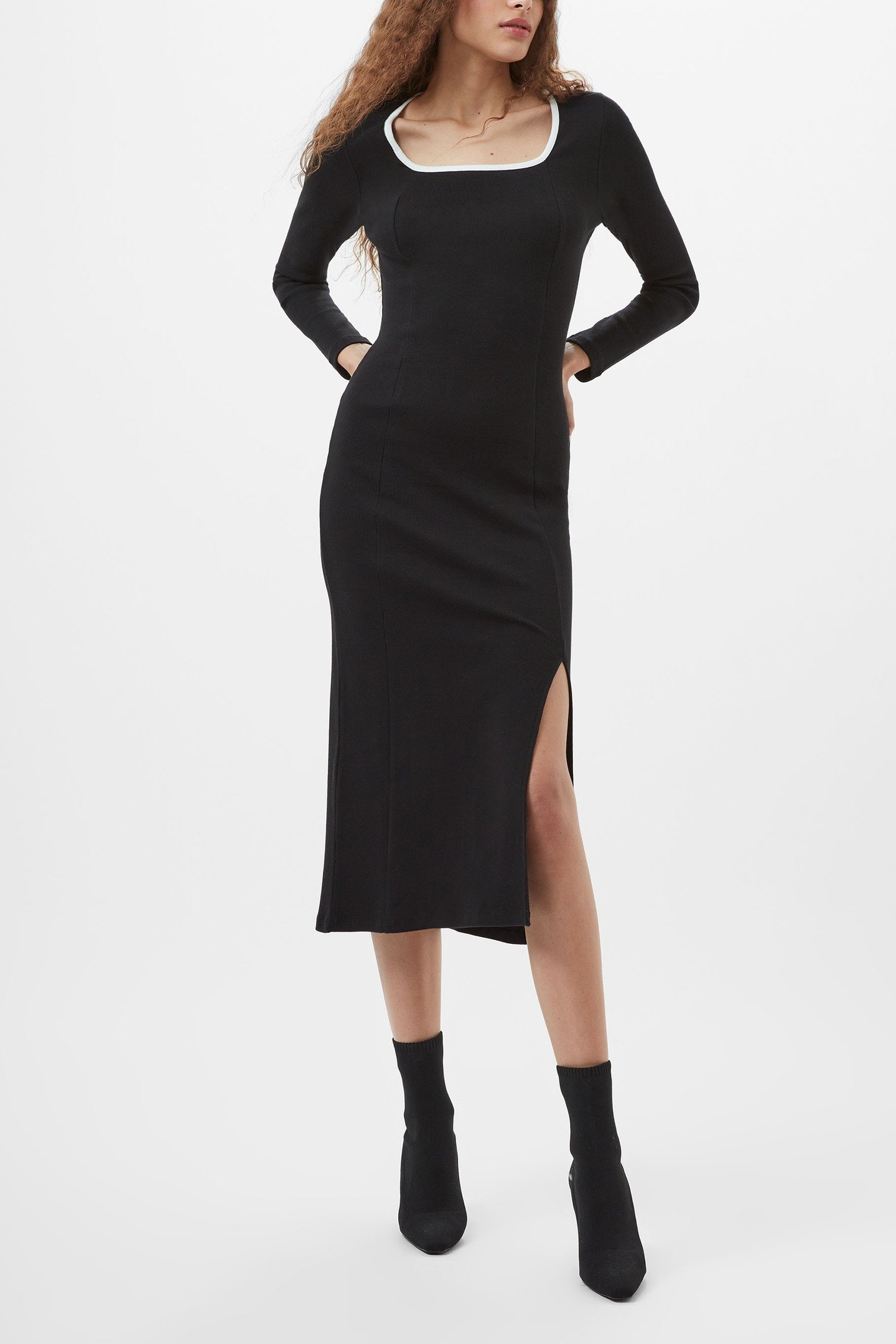 RASSIA RIB SQ NK MIDI DRESS BLACK/PORCELAIN CREA 1