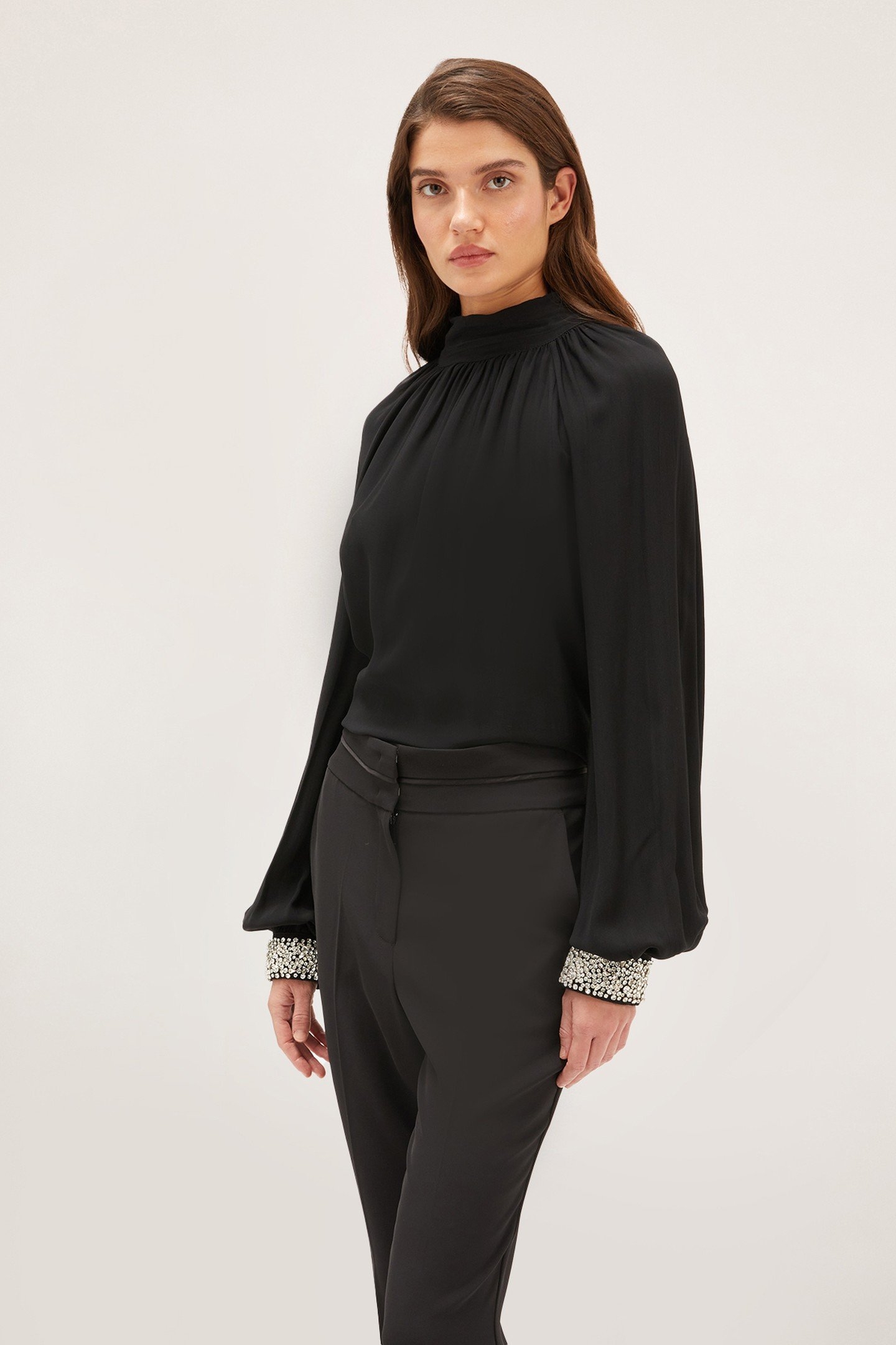 FLOWING BLOUSE WITH CUFFS EMBROIDERED WITH STONES BLACK 2